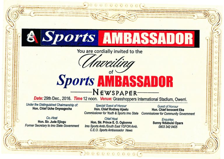 Sports Ambassador Newspaper To Hold Unveiling Dec 29th