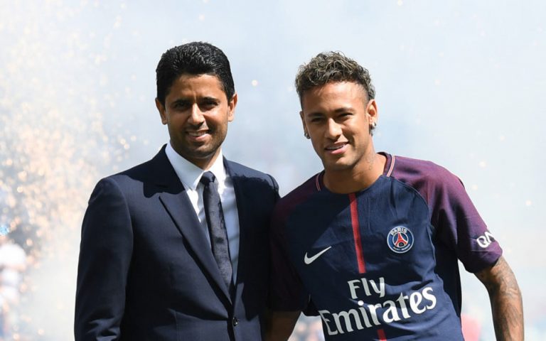The PSG president visits wounded Neymar in Brazil
